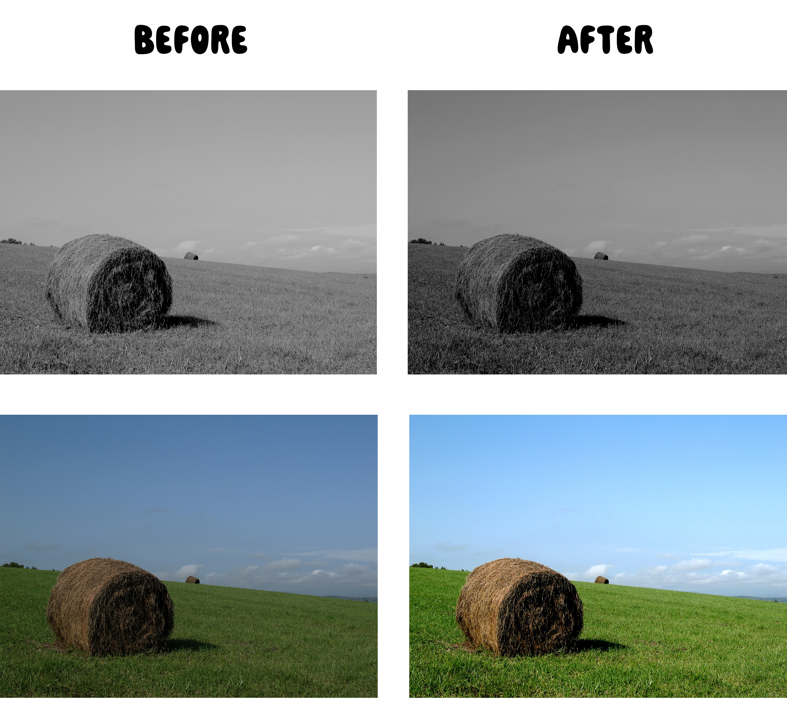 Hay bale before and after Photoshop Levels adjustment